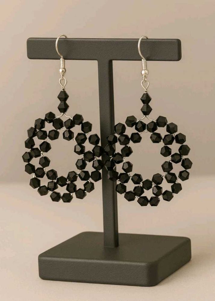 Black Beaded Circle Earrings