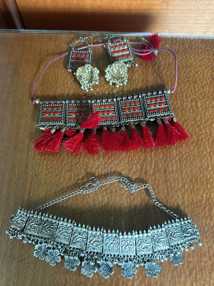 Only Red Oxideized Necklace Set Available +Jhumkas