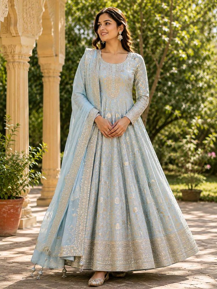 Ice Blue embroidered silk Anarkali