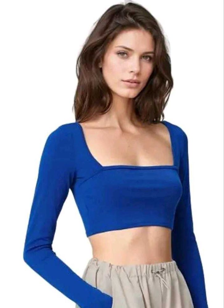 Blue Square Neck Long Sleeve Crop Top