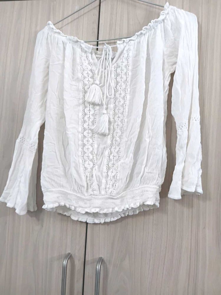 Boho White Off-Shoulder Tassel Top