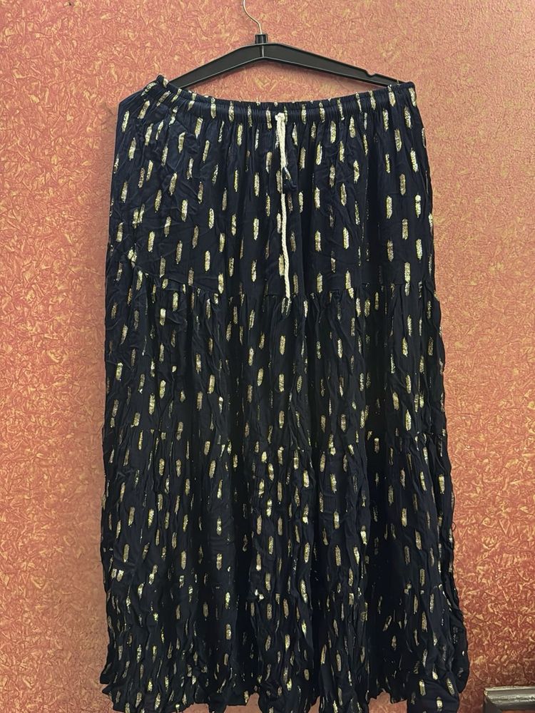 Navy Blue Ethnic Skirt with Gold Print
