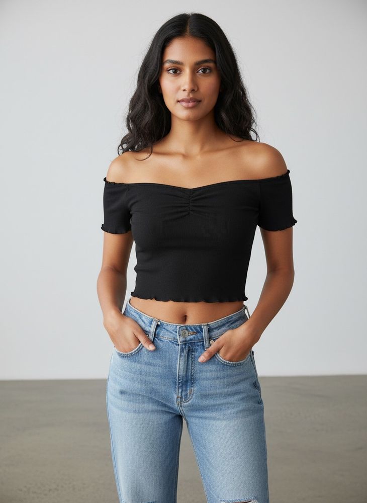 Black Off-Shoulder Ruched Crop Top