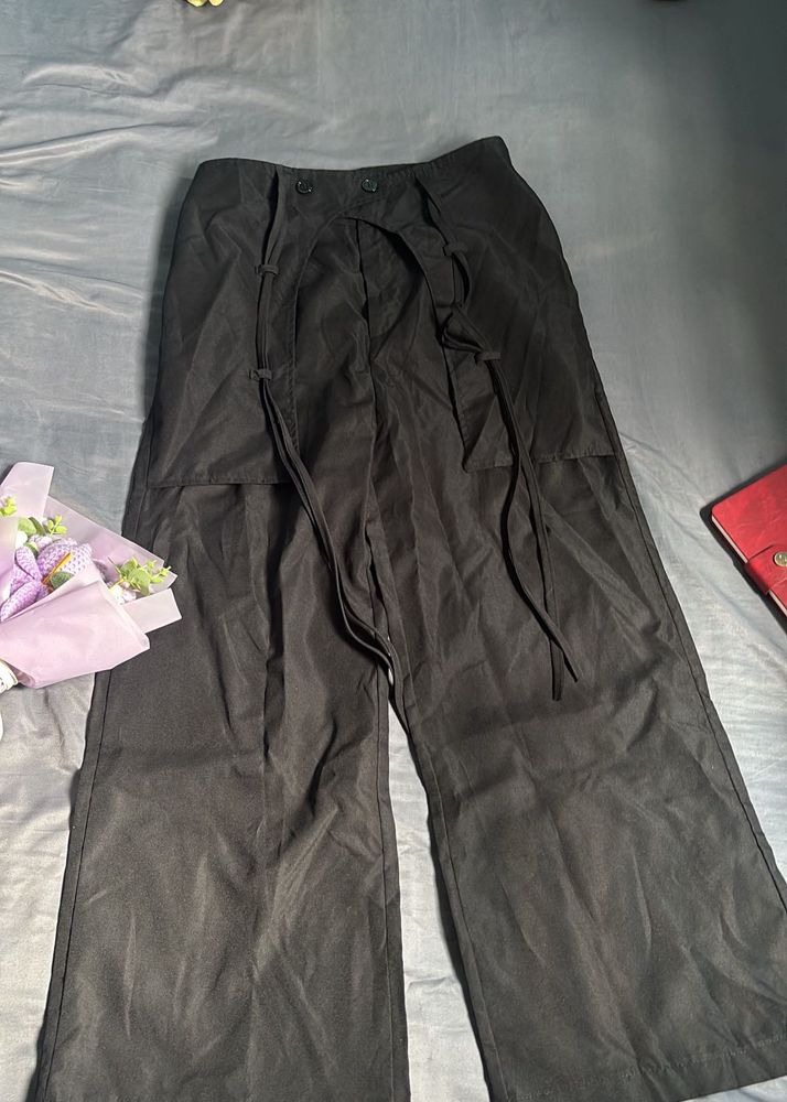 NEWME Black Wide-Leg Overlay Drawstring Trousers.