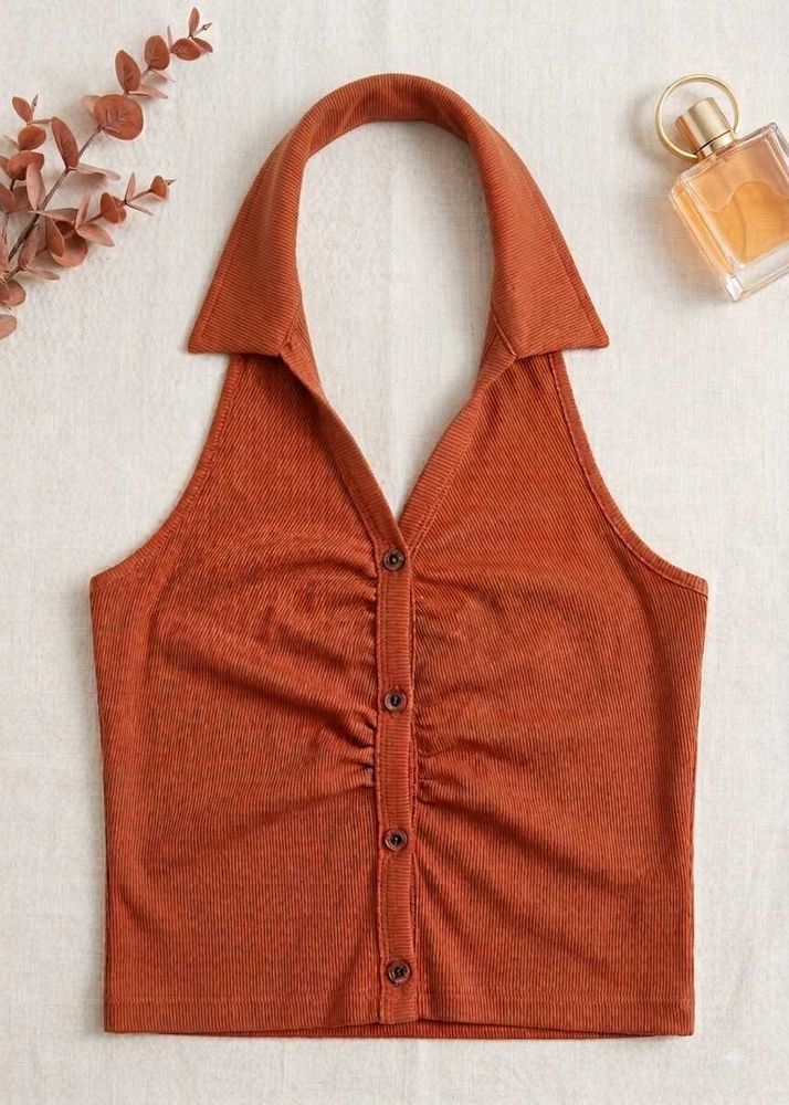 Ribbed Halter Neck Button-Up Top