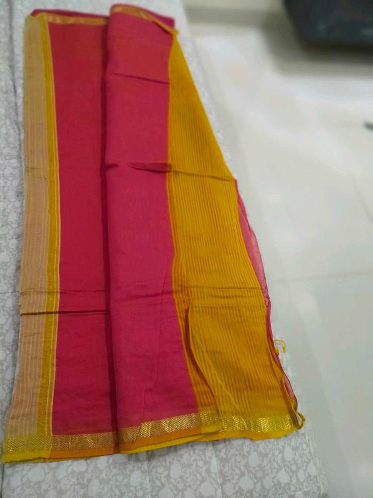 Vibrant Pink &amp; Yellow Saree with stich blouse