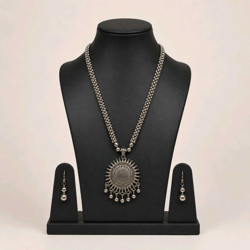 Oxidized Silver Sun Pendant Necklace Set