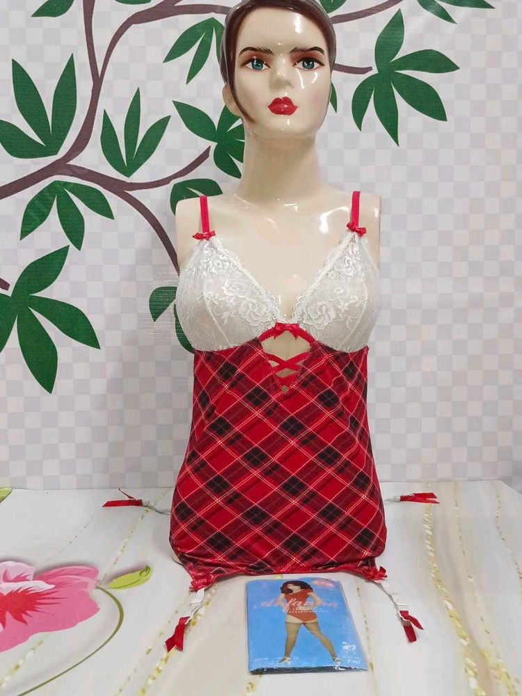 (1442)Red Plaid Lingerie Set