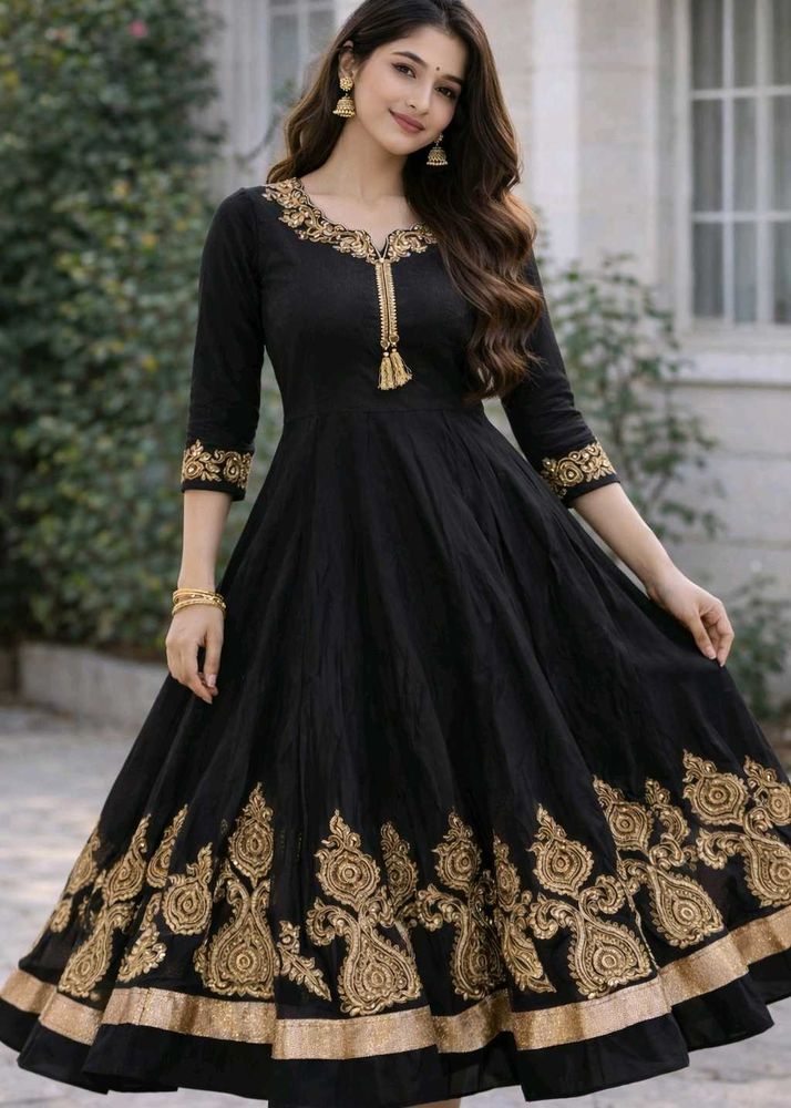 Elegant Black Anarkali Kurta with Golden Embroider