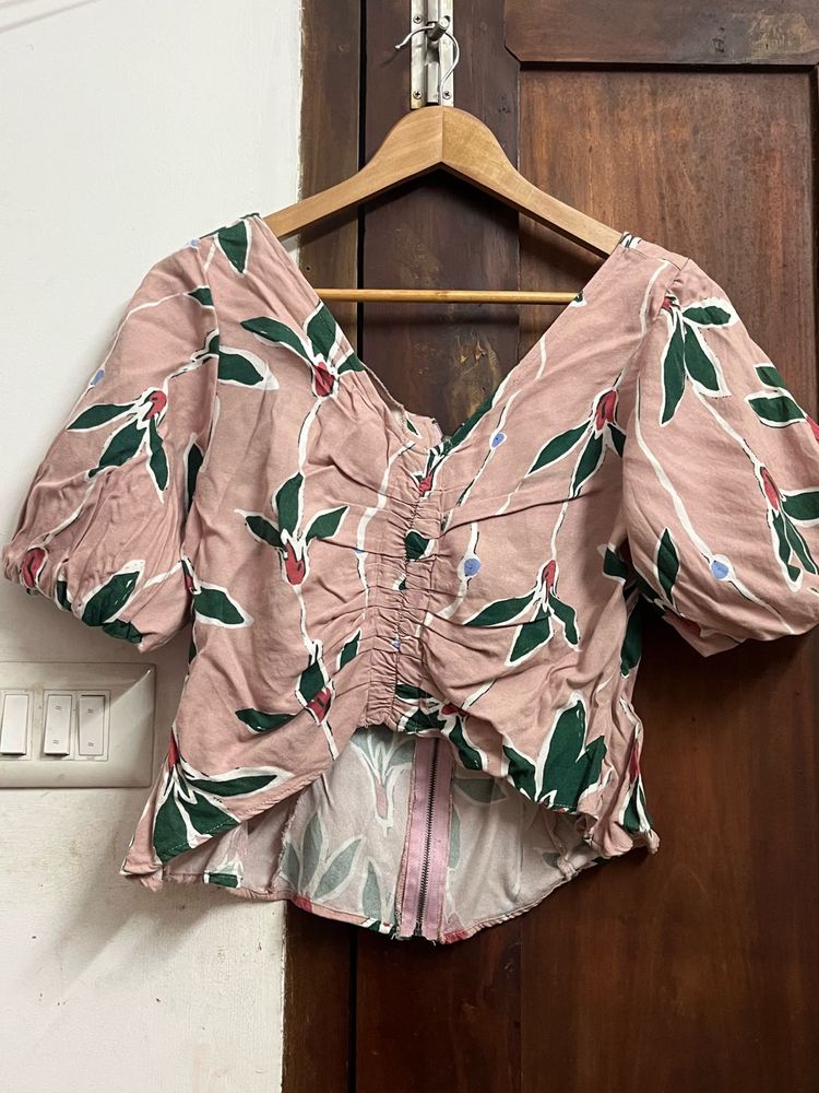 Pink Floral Ruched Crop Top