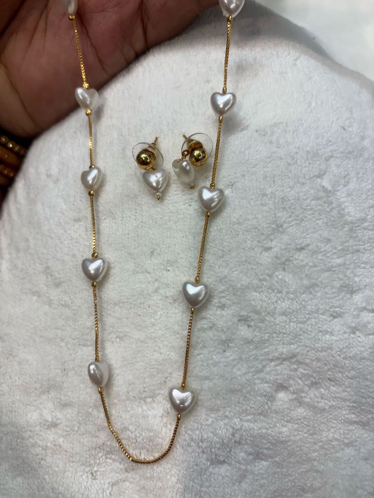 Heart Pearl Necklace &amp; Earrings Set