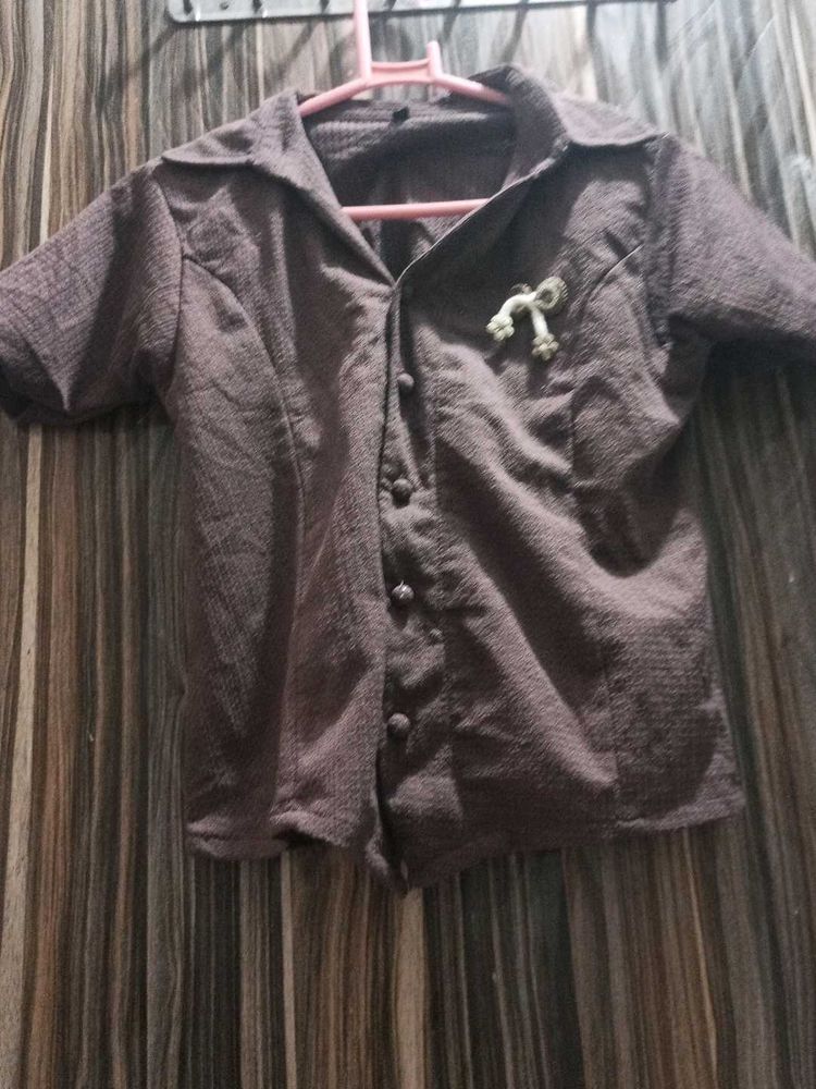 girls Brown Textured Short Sleeve Shirt