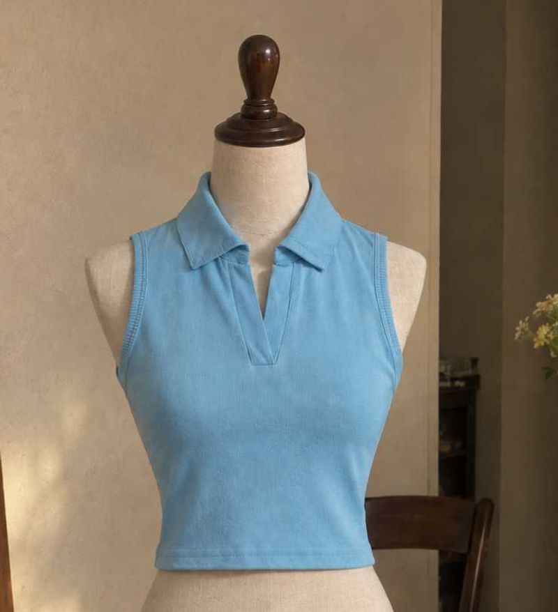 Sleeveless Ice Blue Collared Crop Top