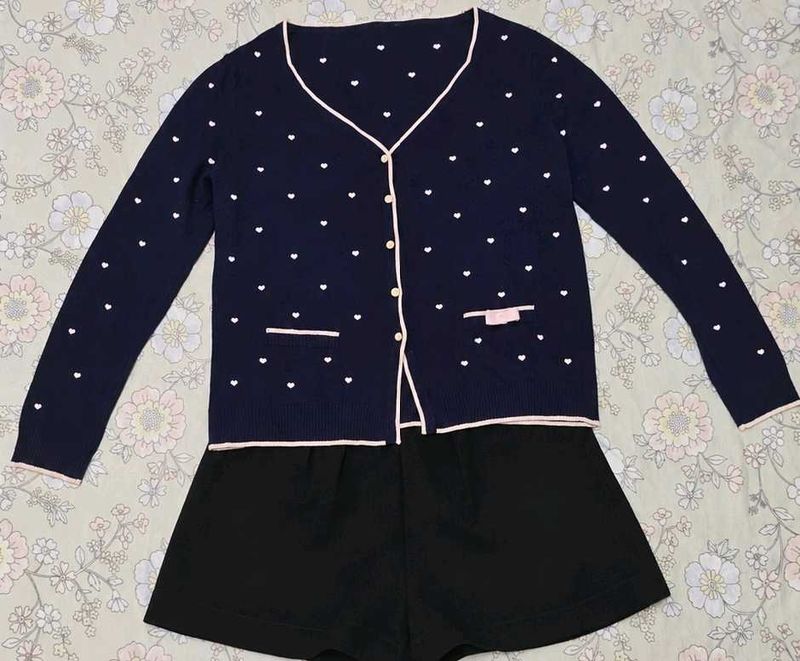 Navy Blue Cardigan with Hearts