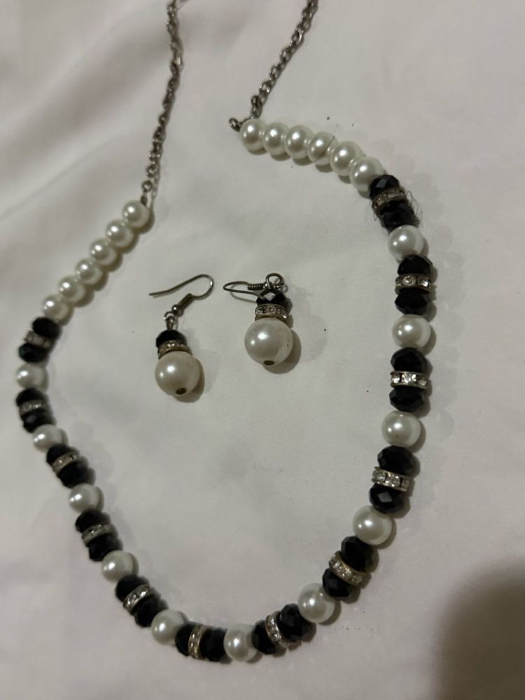 Pearl &amp; Black Bead Necklace with Earrings Set