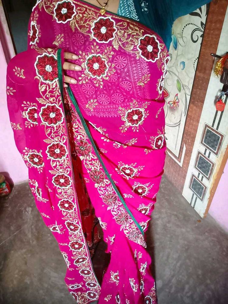 Beautiful heavy Embroidered Pink Saree &amp; blouse