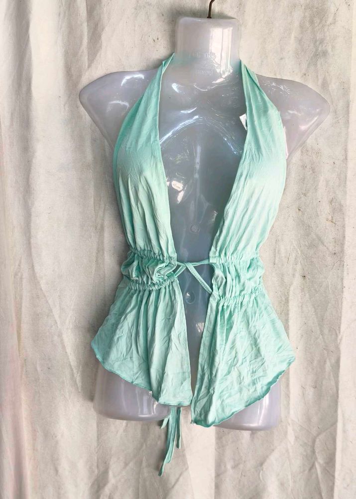 Light Blue Halter Neck Peplum Top