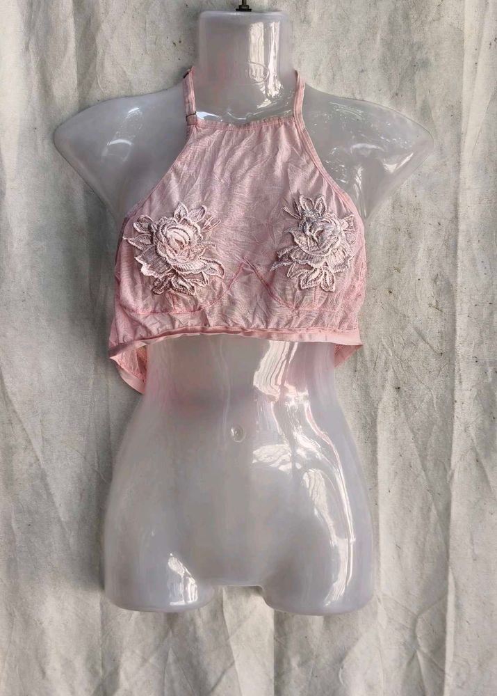 7410. Pink Floral Embellished Crop Top