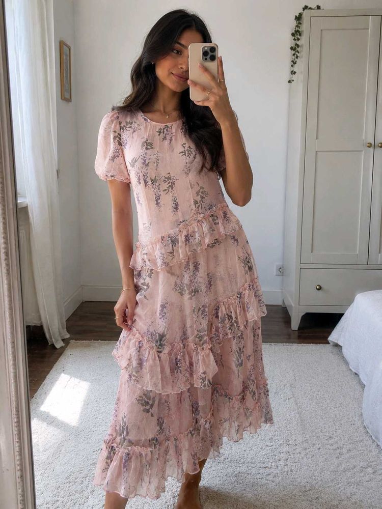 Sheer Floral Ruffle Dress