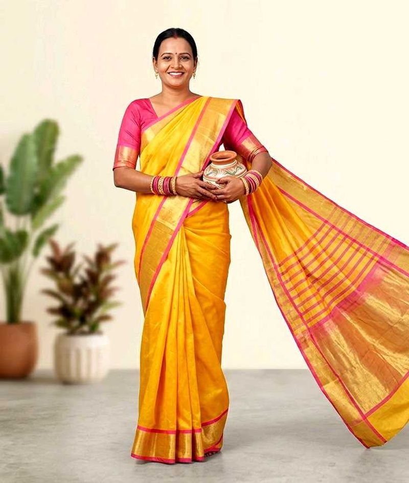 Vibrant Yellow Silk Saree with readymade blouse