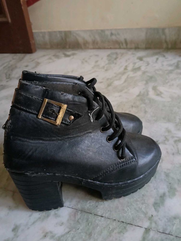 Black Heeled Boots with Buckle Detail