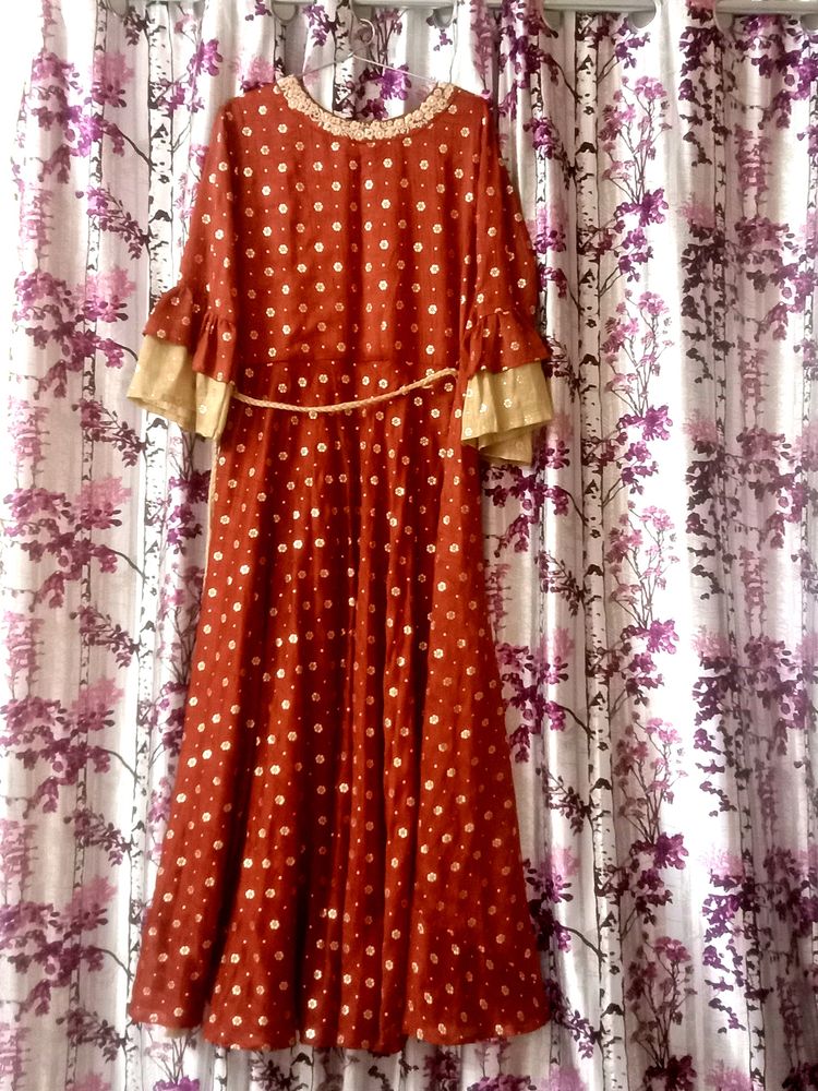 Golden And Rust Brown Anarkali Kurti