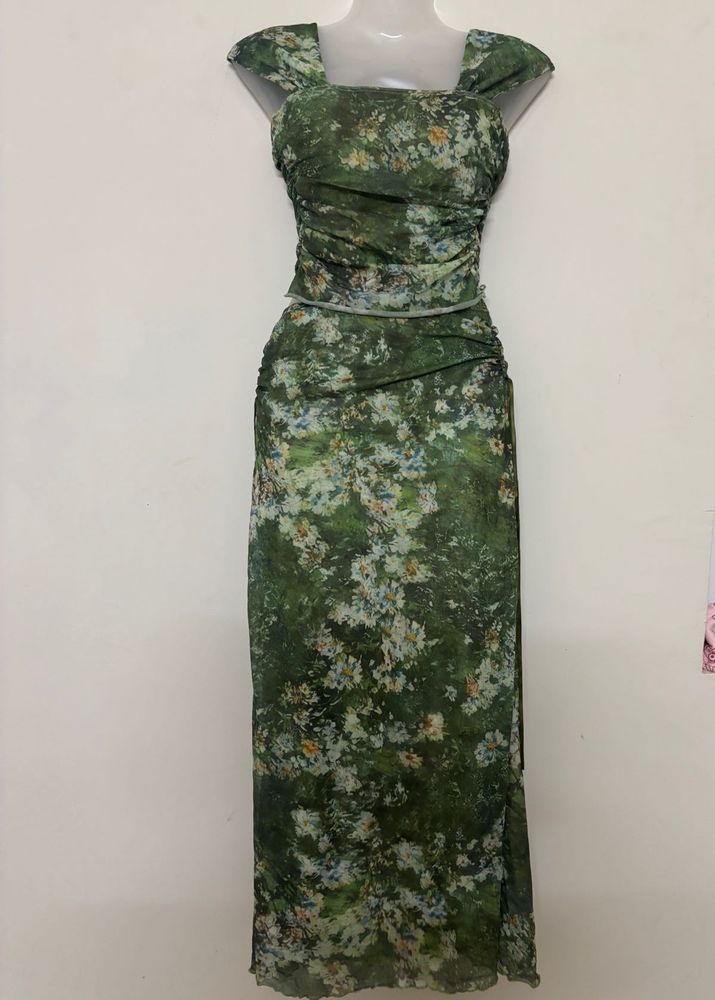 Green Floral Print Two-Piece Set