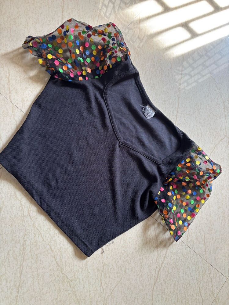 Black Top with Colorful Polka Dot Sleeves