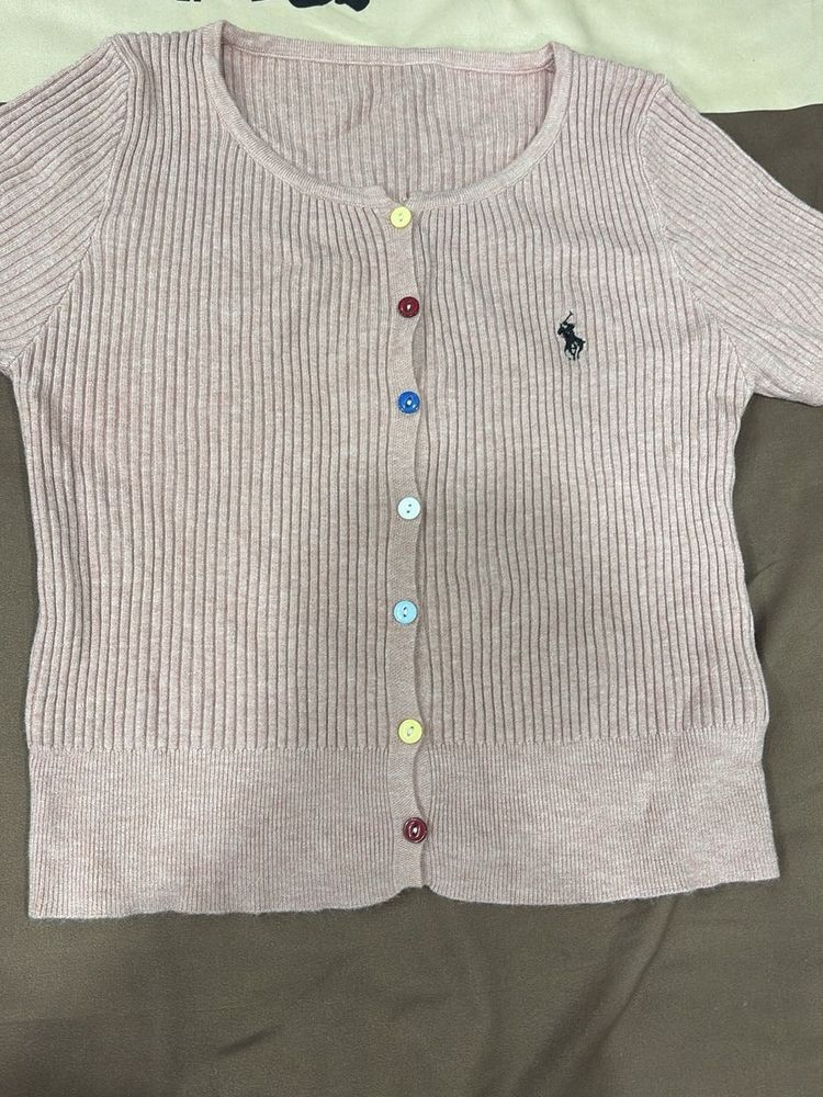 Pastel Pink Knit Cardigan with Colorful Buttons
