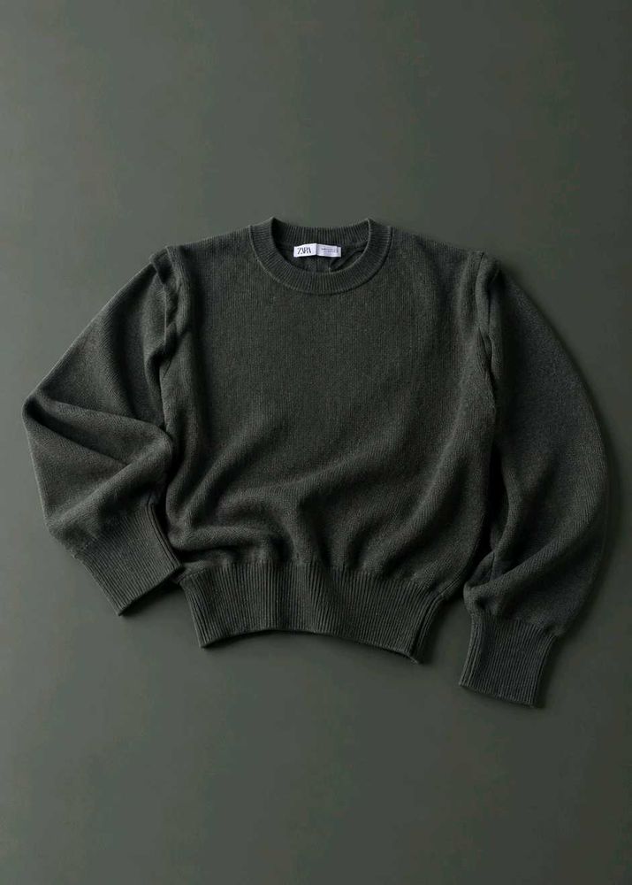 DARK OLIVE GREEN OVERSIZED BALLOON SLEEVE SWEATER