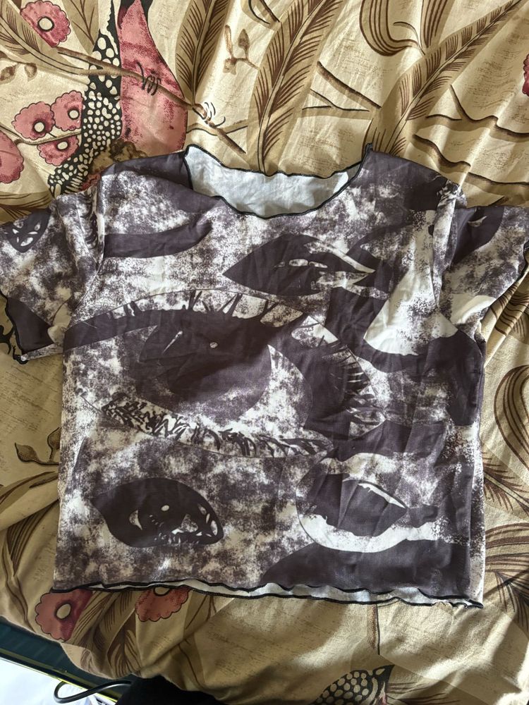 Abstract Face Print Mesh Crop Top | Y2K Aesthetic