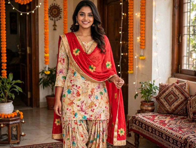 Floral Print Kurta with Patiala Pants &amp; Dupatta