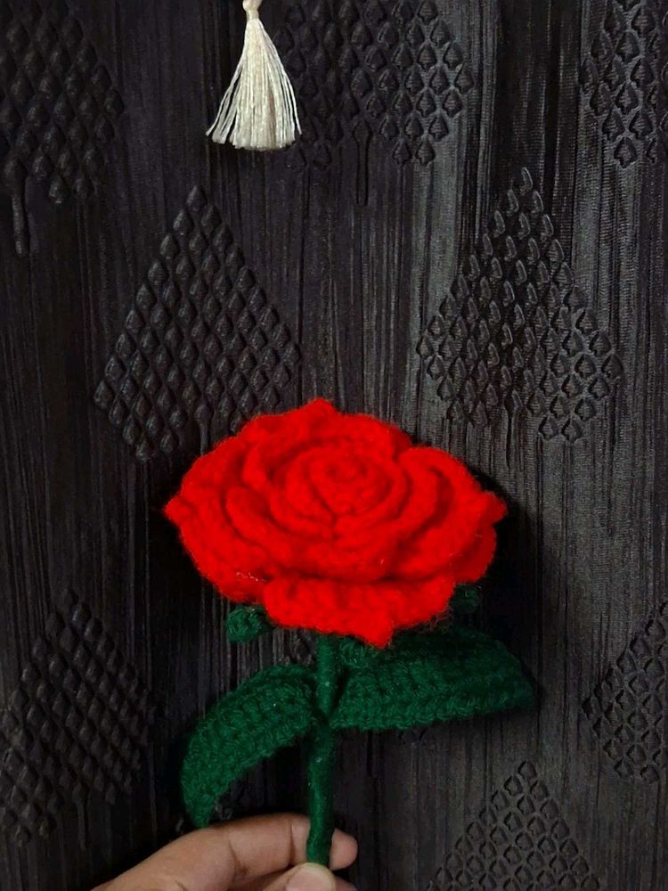 🌹 Handmade Crochet Red Rose (Single Stem)