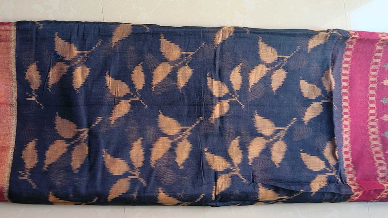 Navy Blue Saree with Leaf Motif without blouse