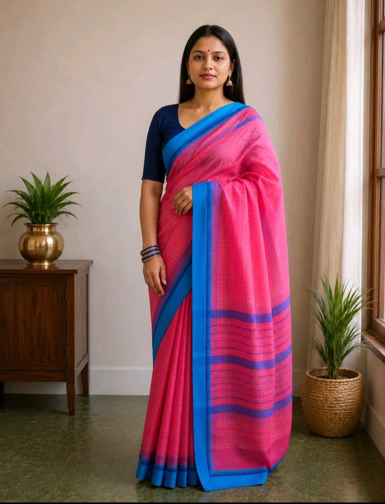Vibrant Pink Kanchi Cotton Saree with Blue Border