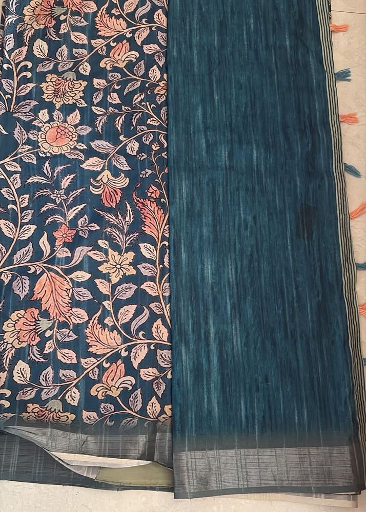 Half cotton  Teal Floral Saree