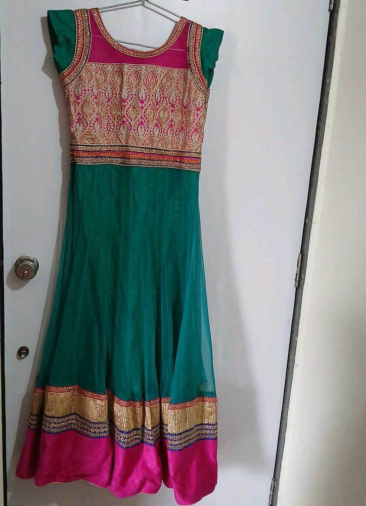 Elegant Teal &amp; Pink Anarkali Gown