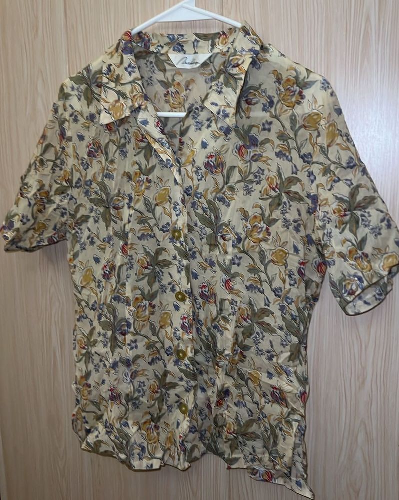 Floral Print Short Sleeve Button-Up Blouse