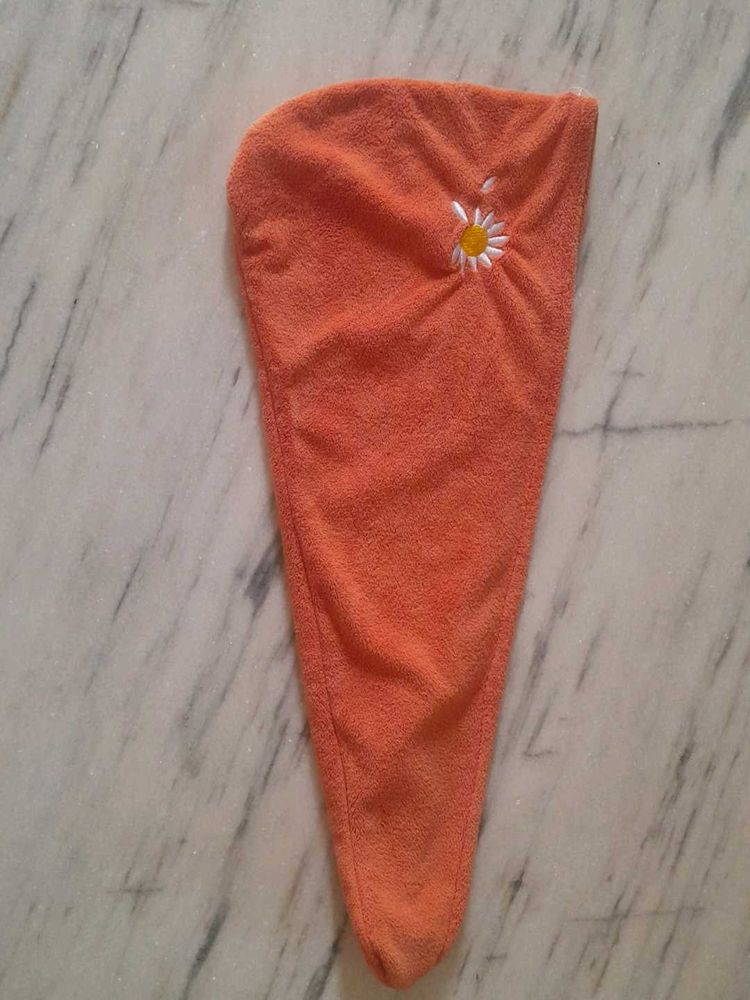 Orange Hair Towel Wrap with Daisy Embroidery