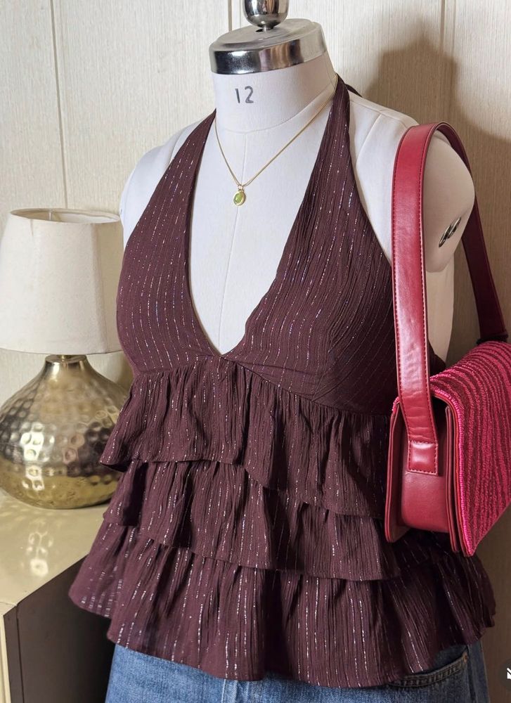 Chic Ruffled Halter Top with Metallic Stripes