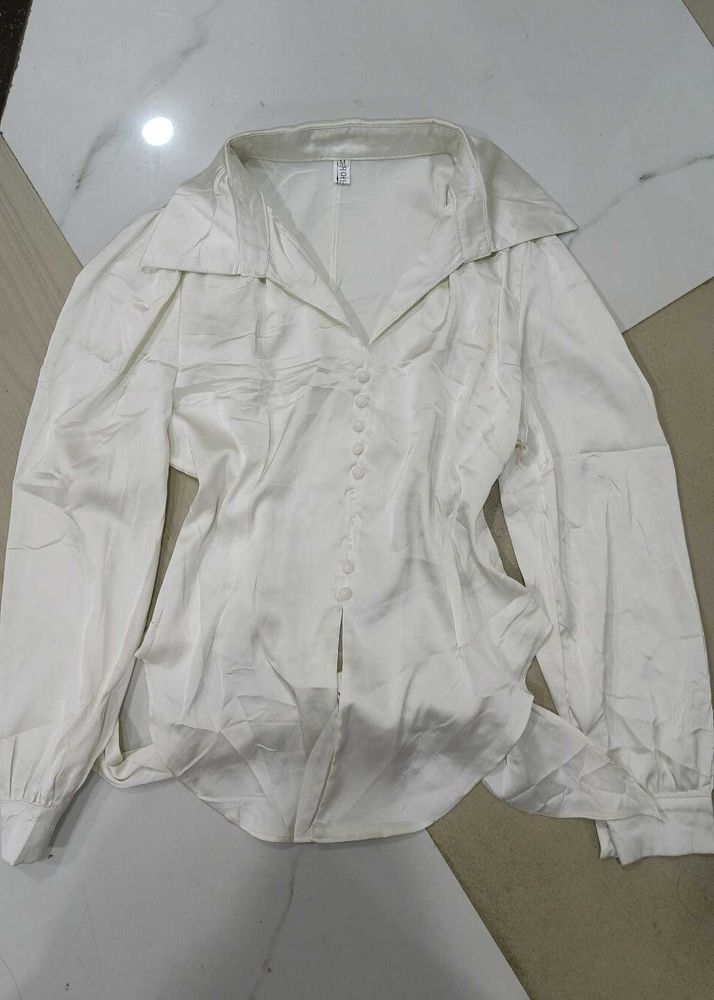 Elegant White Satin Button-Up Blouse