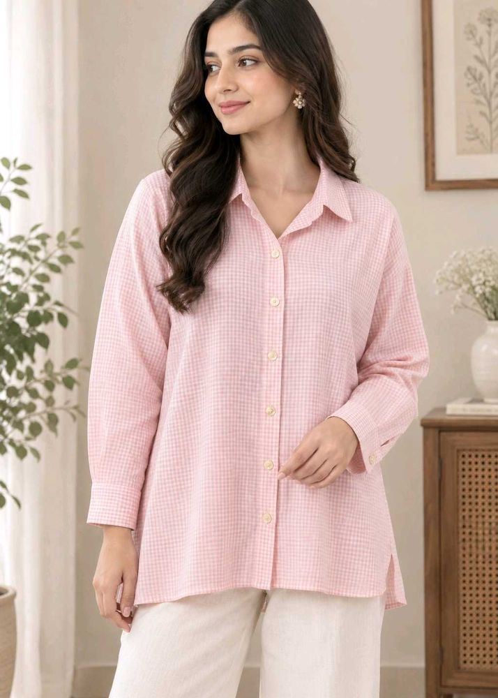 Cute Pink Gingham Button-Up Shirt