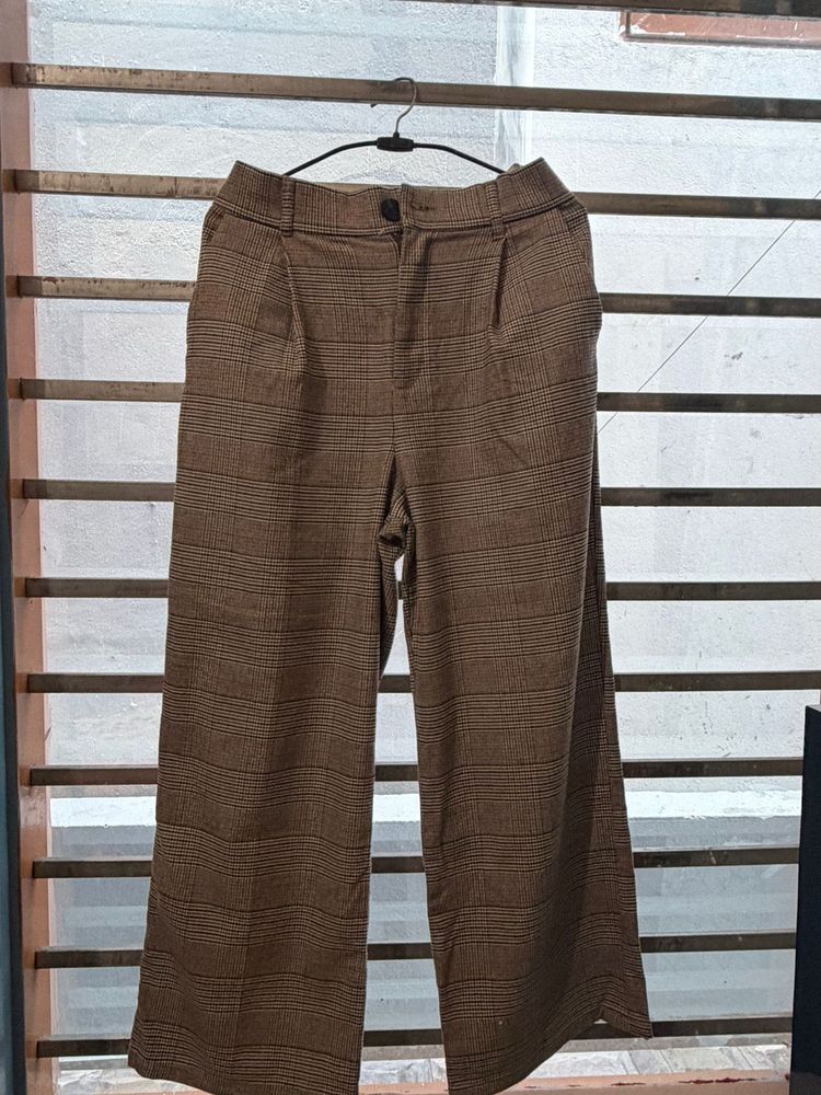 Brown Plaid Wide Leg Pants