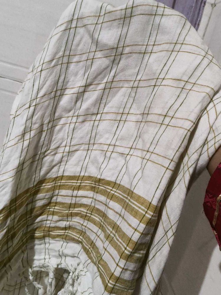 White Dupatta with Gold Stripes