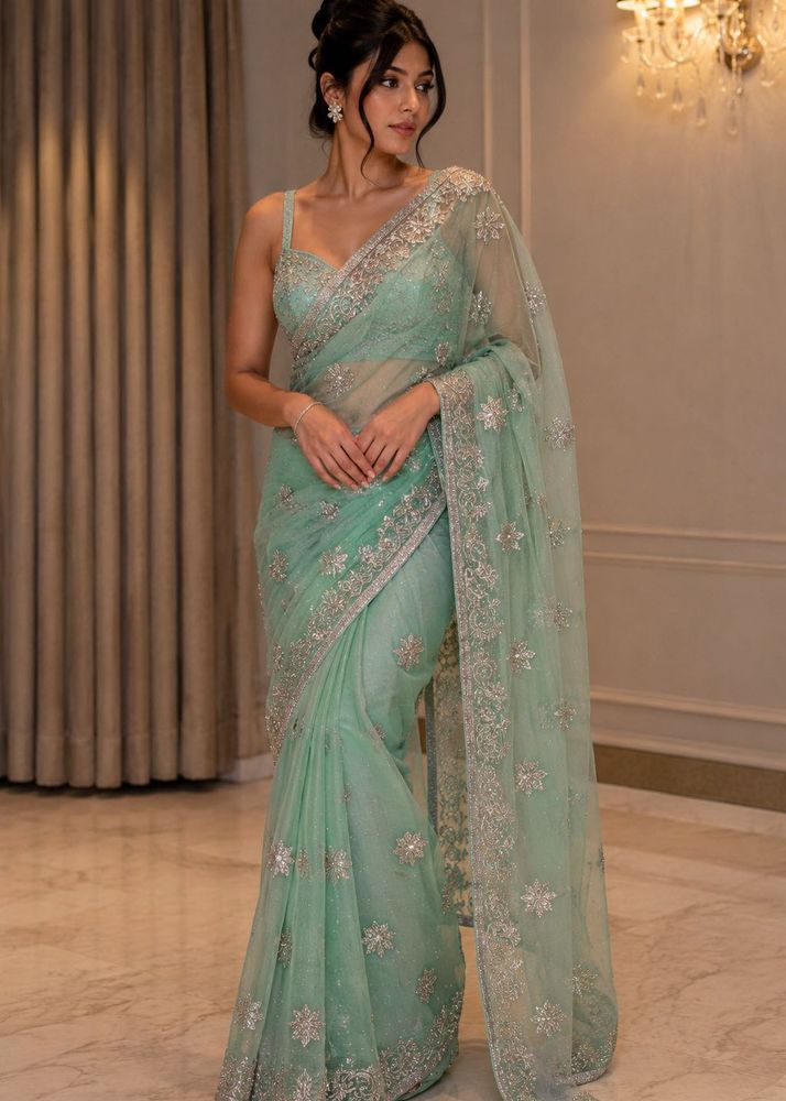 Y2K Teal saree with Silver Embellishments