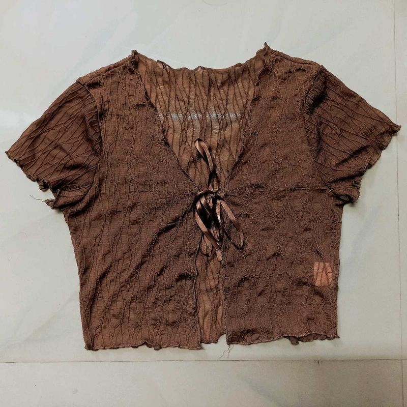 Brown Textured Tie-Front Crop Top