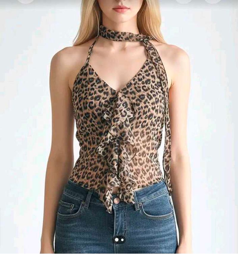 Lepoard print ruffled halter neck top