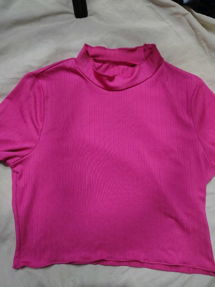 Savana Hot Pink Ribbed Mock Neck Crop Top