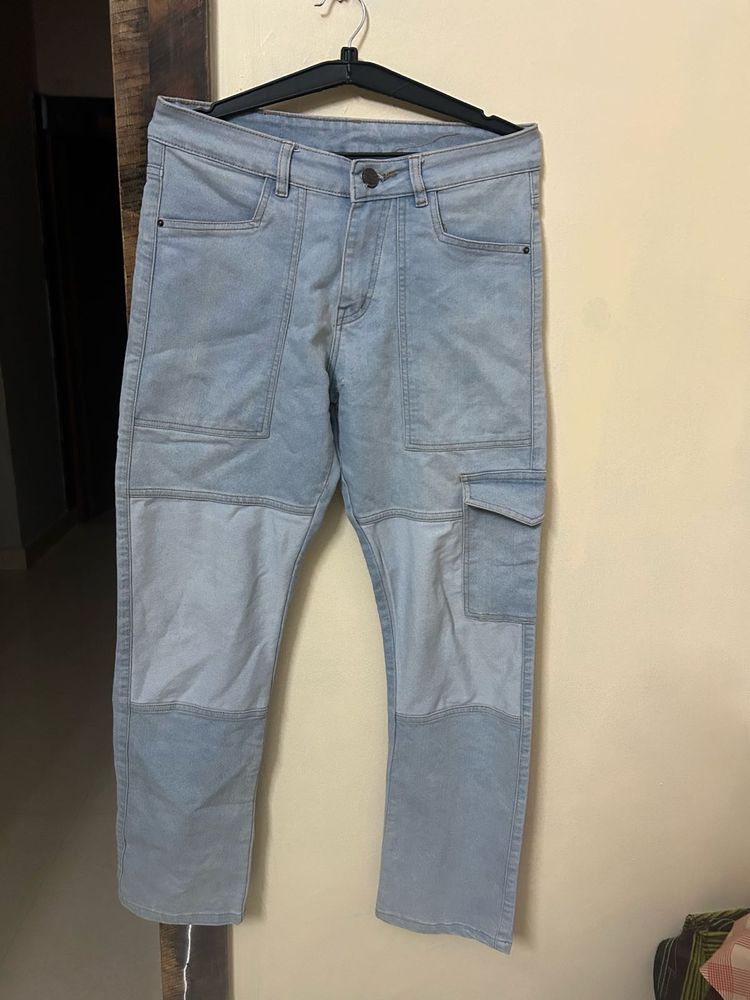 Light Wash Patchwork Cargo Jeans