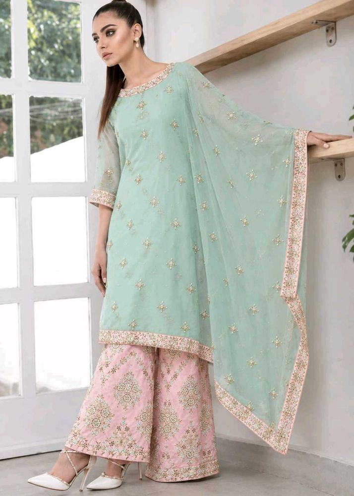 Elegant Mint Green Kurta Set with Pink Palazzo